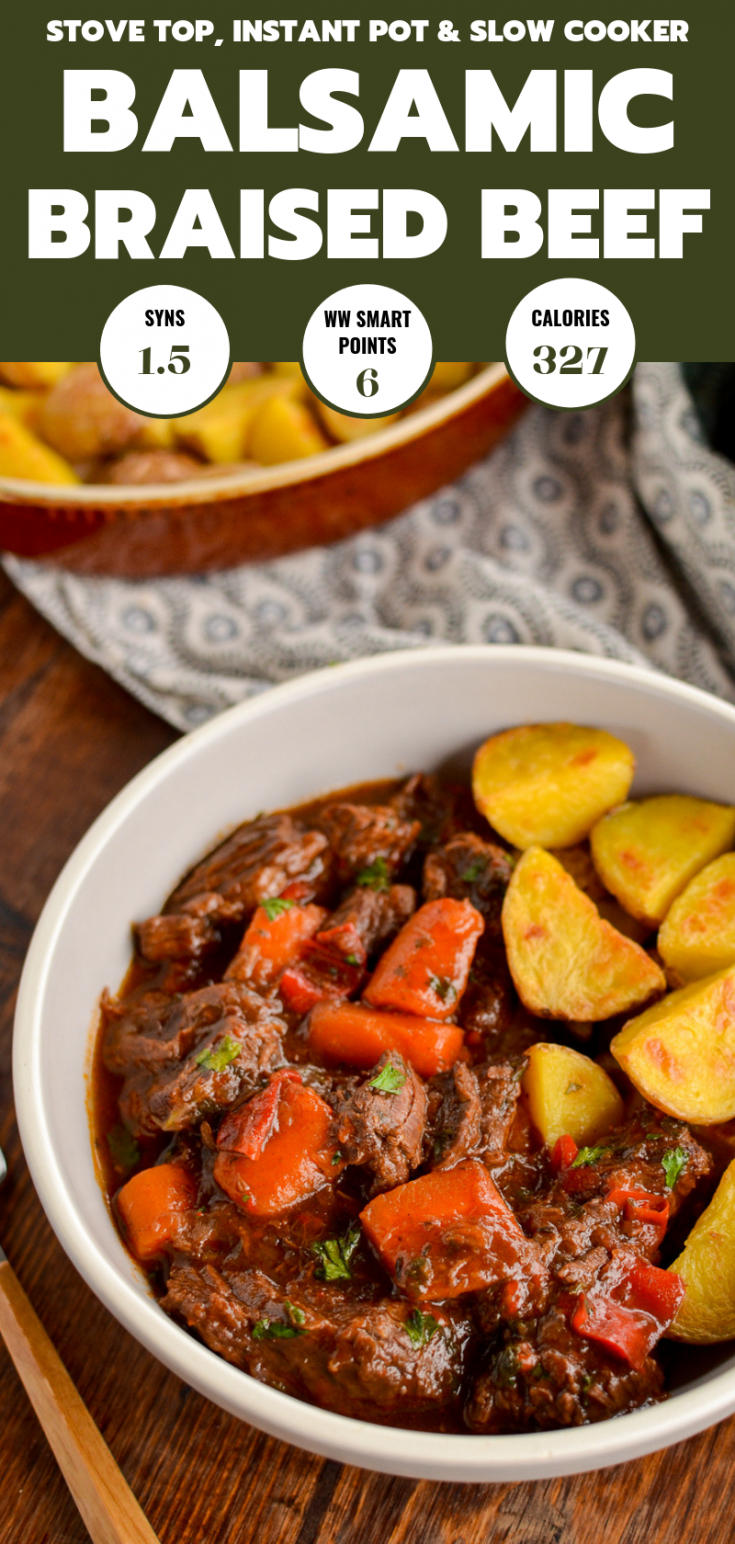 Balsamic Braised Beef (Stove Top, Instant Pot and Slow Cooker)