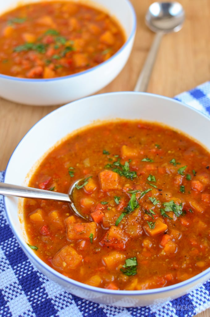 Slimming Eats Spicy Sweet Potato, Red Pepper and Carrot Soup - gluten free, dairy free, vegetarian, paleo. Whole30, Slimming World and Weight Watchers friendly
