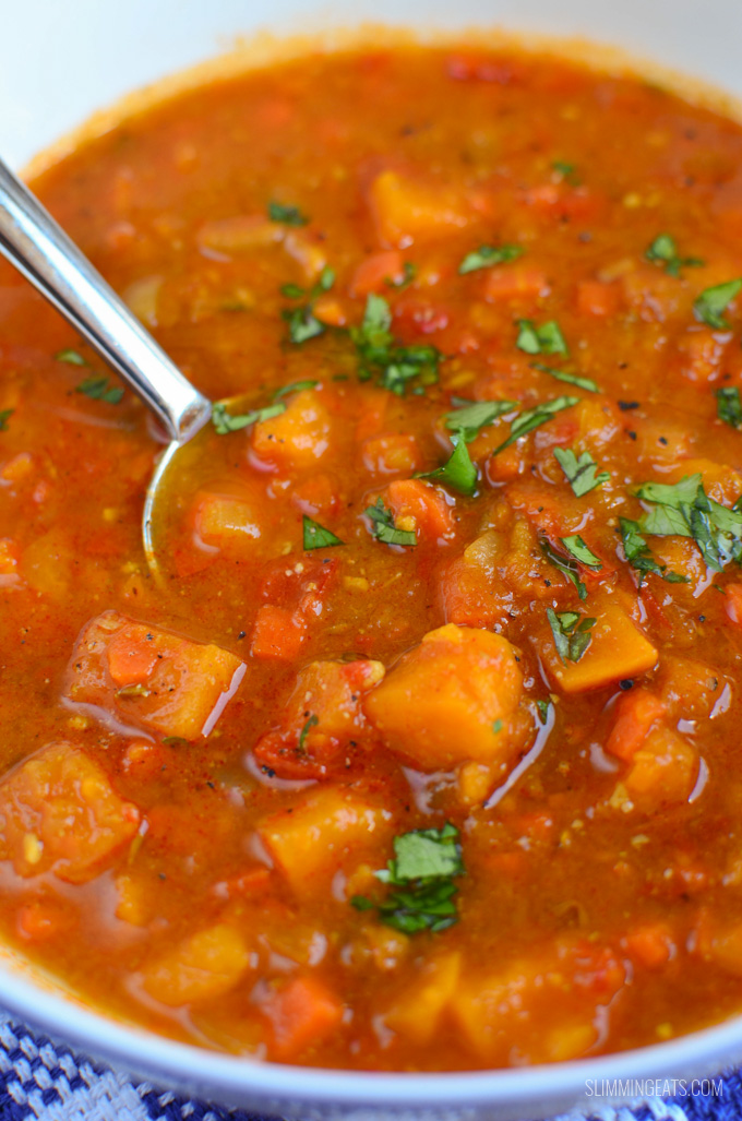 Slimming Eats Spicy Sweet Potato, Red Pepper and Carrot Soup - gluten free, dairy free, vegetarian, paleo. Whole30, Slimming World and Weight Watchers friendly