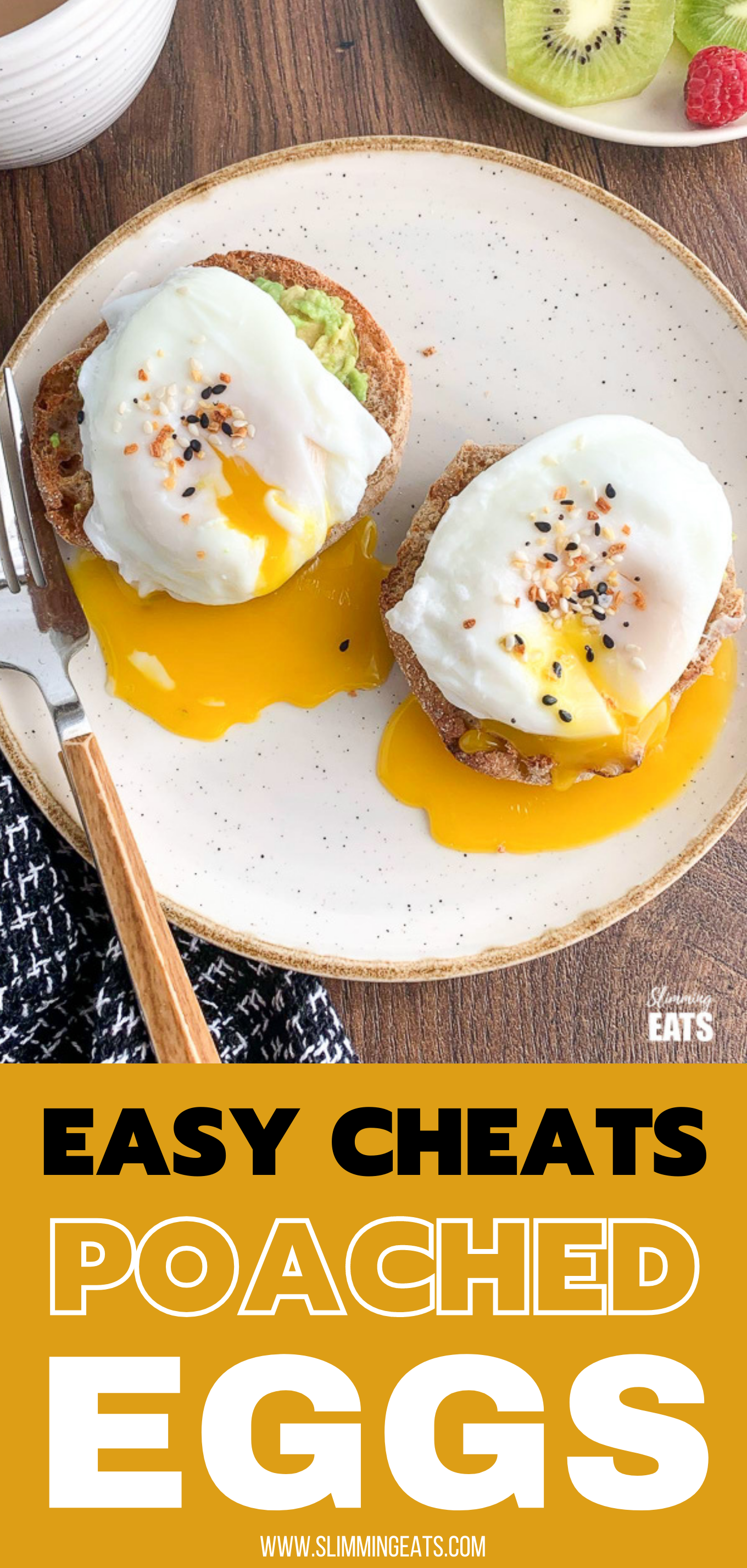 easy cheats poached eggs on avocado english toasted muffins pin image