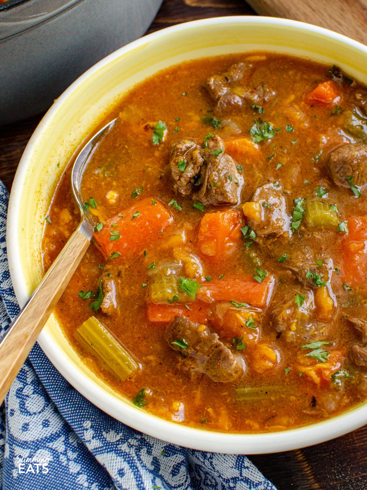 Dig into a filling hearty bowl of this healthy stew with tender beef, sweet potatoes and various other vegetables in a flavourful broth - perfect for a winter warmer meal