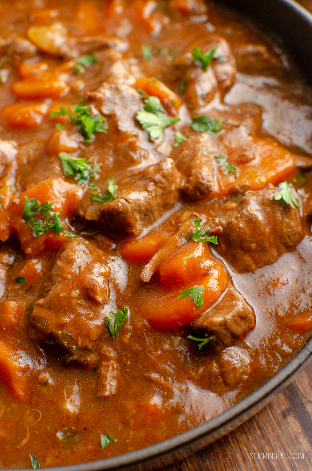 zoomed in image of low syn braised beef in casserole dish