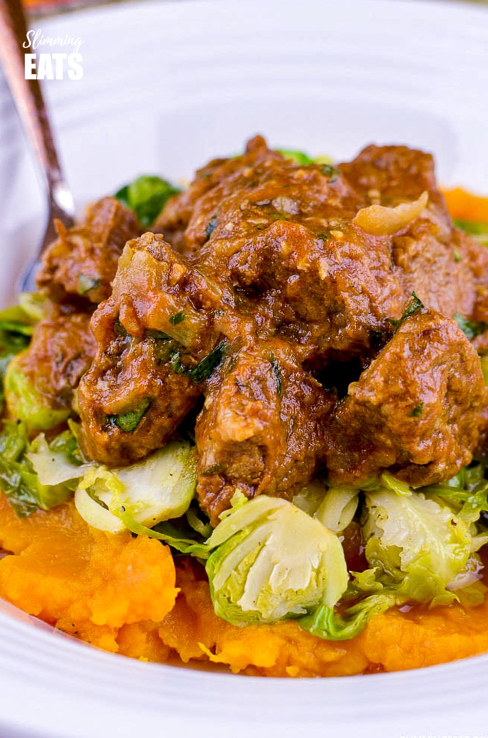 close up of slow cooked sweet onion braised beef over sautéed Brussels and sweet potato mash in white bowl