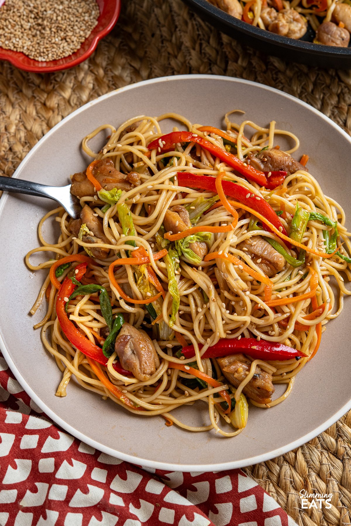 close up of Yakitori Chicken Noodles with Colorful Veggies on a Plate, Fork Resting in Noodles.