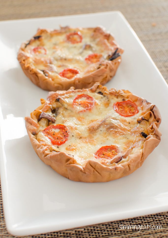 two Caramelized Onion, Tomato and Mozzarella Filo Tart on a white plate