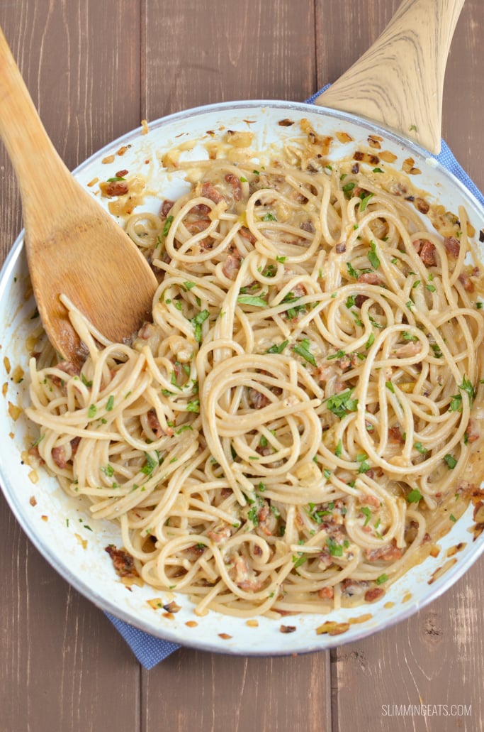 Slimming Eats Best Ever Spaghetti Carbonara - gluten free, Weight Watchers friendly