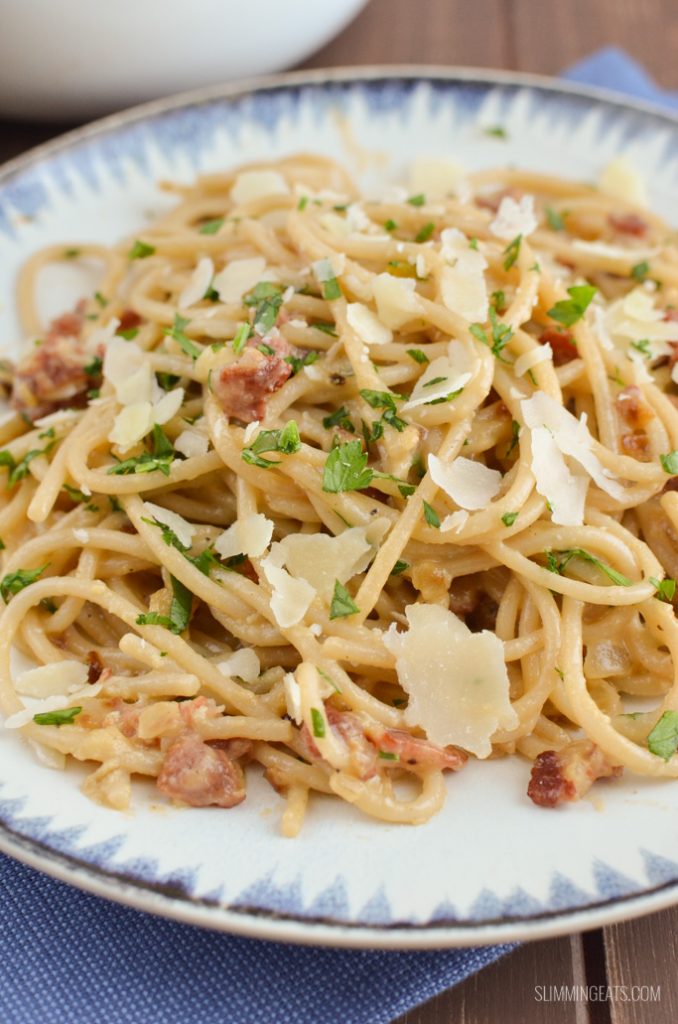 Slimming Eats Best Ever Spaghetti Carbonara - gluten free, Weight Watchers friendly