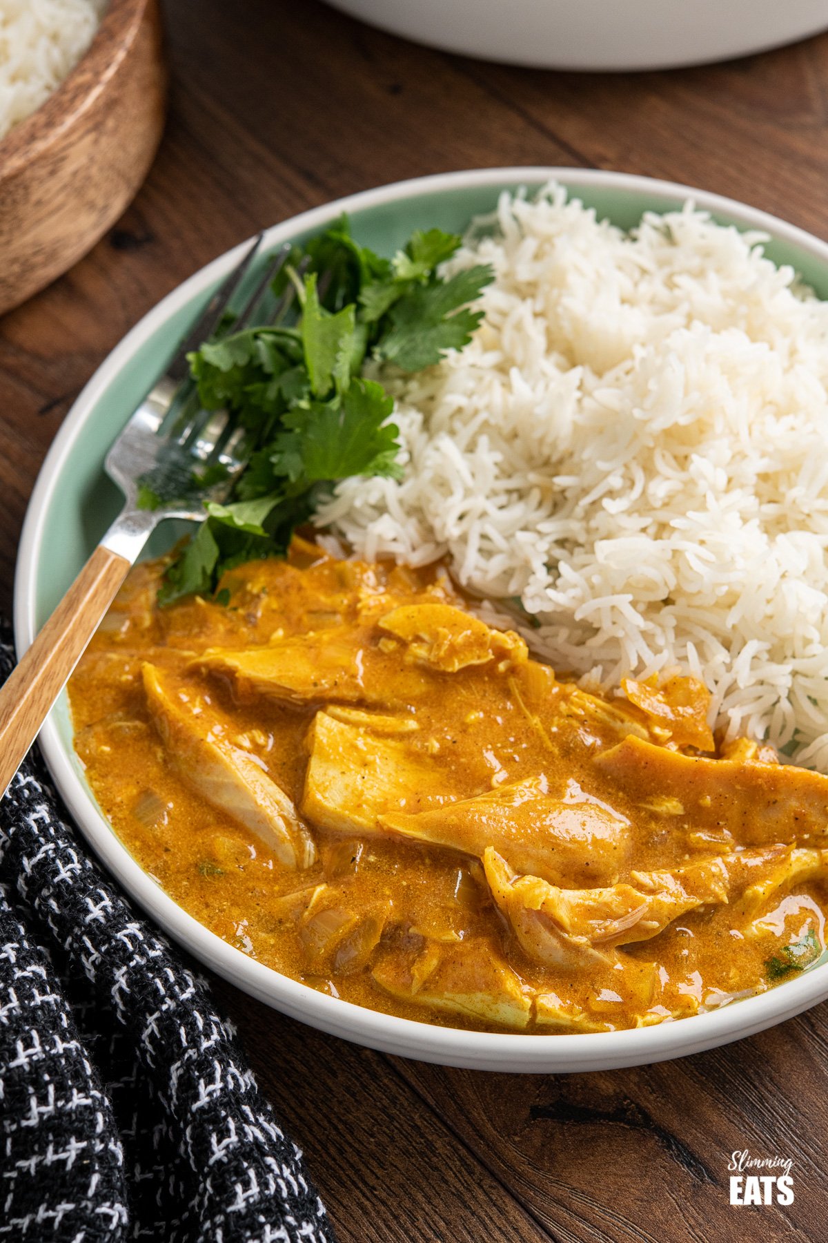 close up of mild chicken curry on teal plate with rice and coriander