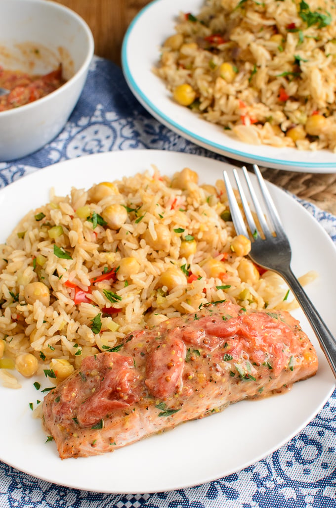 Slimming Eats - Salmon and Tomato with Rice Pilaf - gluten free, Slimming Eats and Weight Watchers friendly