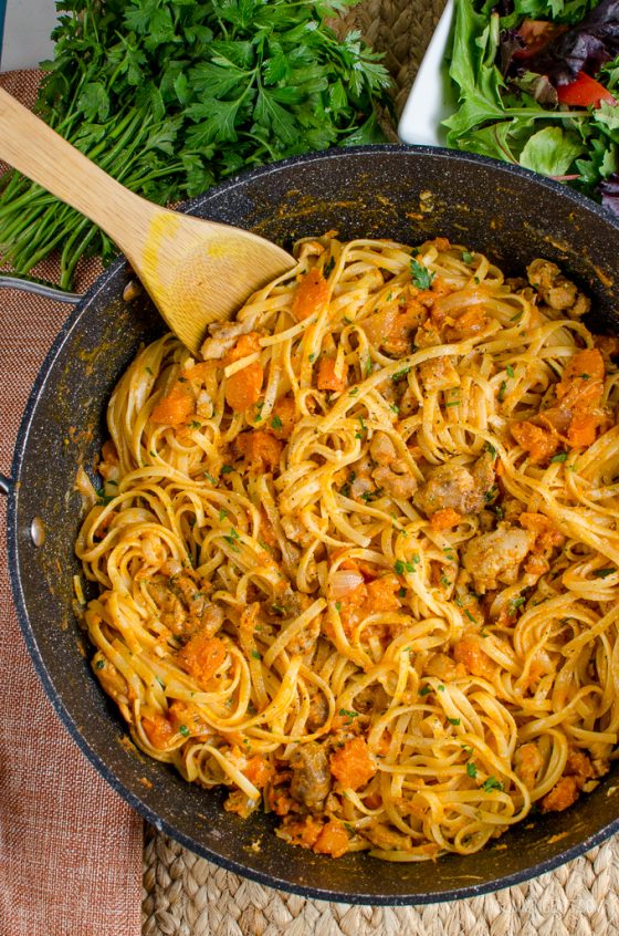Paprika Chicken with Roasted Butternut Squash and Linguine