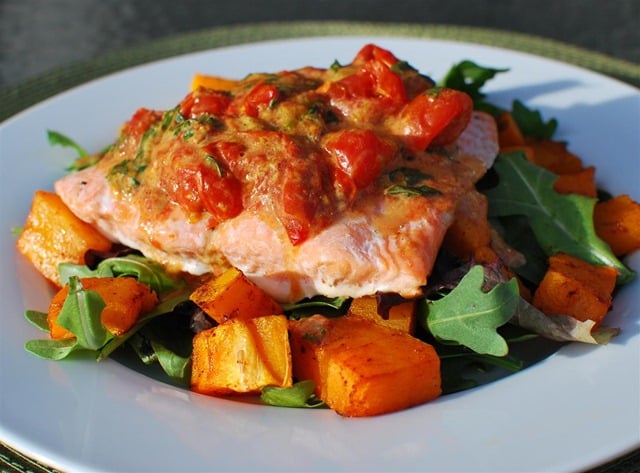 Slimming Eats Baked Salmon with Roasted Tomatoes and Butternut Squash - gluten free, Slimming and Weight Watchers friendly