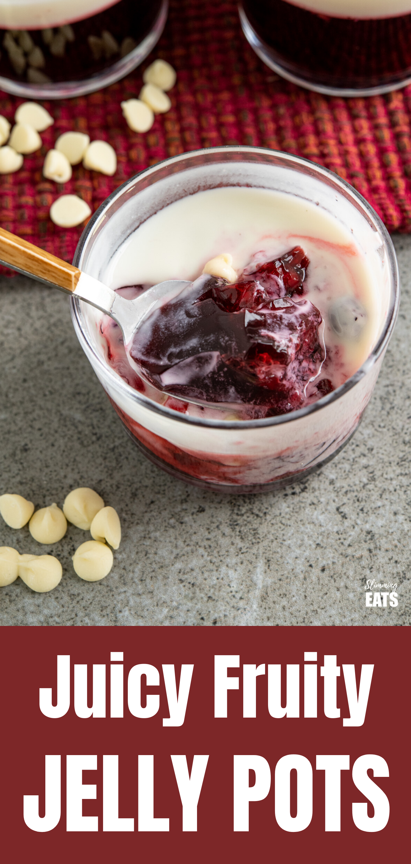 Juicy Jelly Pots (from www.slimmingeats.com) - fruity jelly pots topped with a lighter yoghurt topping and white chocolate chips for a perfect treat #fruit #jelly #slimmingworld #weightwatchers Juicy Jelly Pots Featured pin image