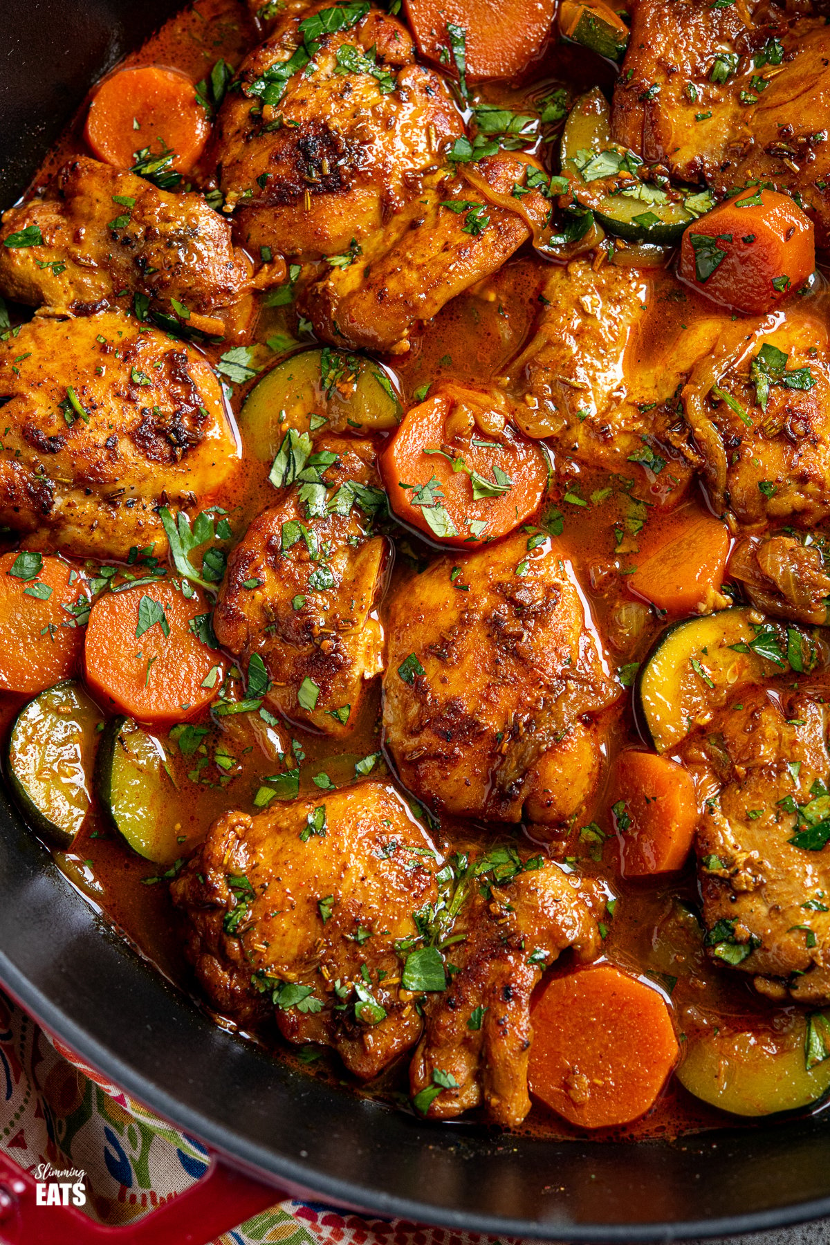 close up of Moroccan Casserole in cherry cast iron staub dish 