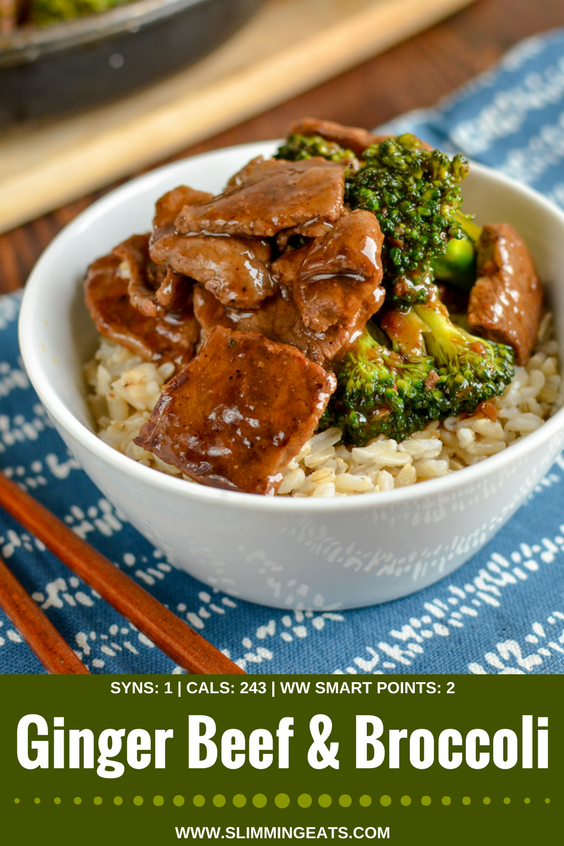 Delicious Low Syn Ginger Beef and Broccoli, just like from the Chinese and ready in minutes quicker than you could call a take out. Dairy Free, Gluten Free, Slimming World and Weight Watchers friendly | www.slimmingeats.com #slimmingworld #weightwatchers #glutenfree #dairyfree
