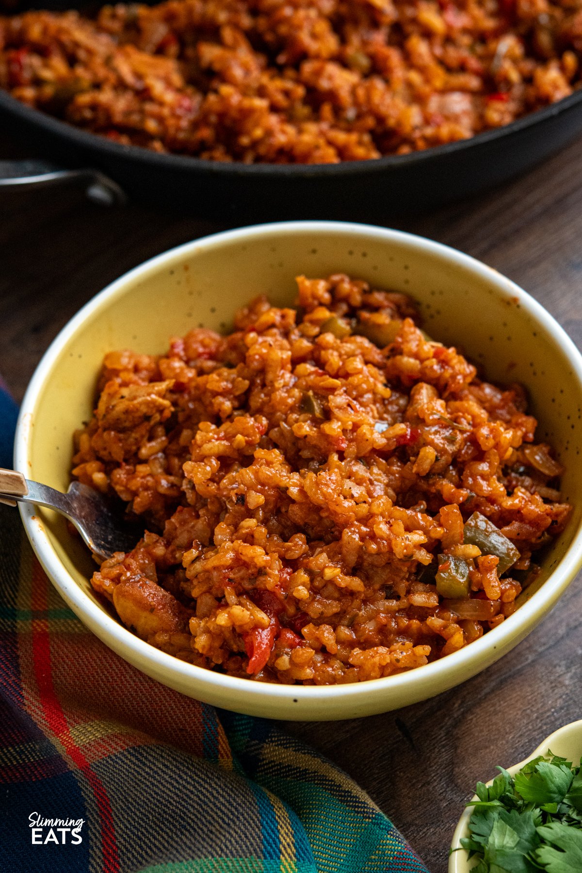 One Pot Spicy Spanish Chicken with Rice – a bold, risotto-style dish with tender chicken, smoky paprika, and creamy rice, all cooked in one pan for maximum flavour with minimal effort. serving of spicy spanish chicken rice with fork in small yellow bowl with white rim