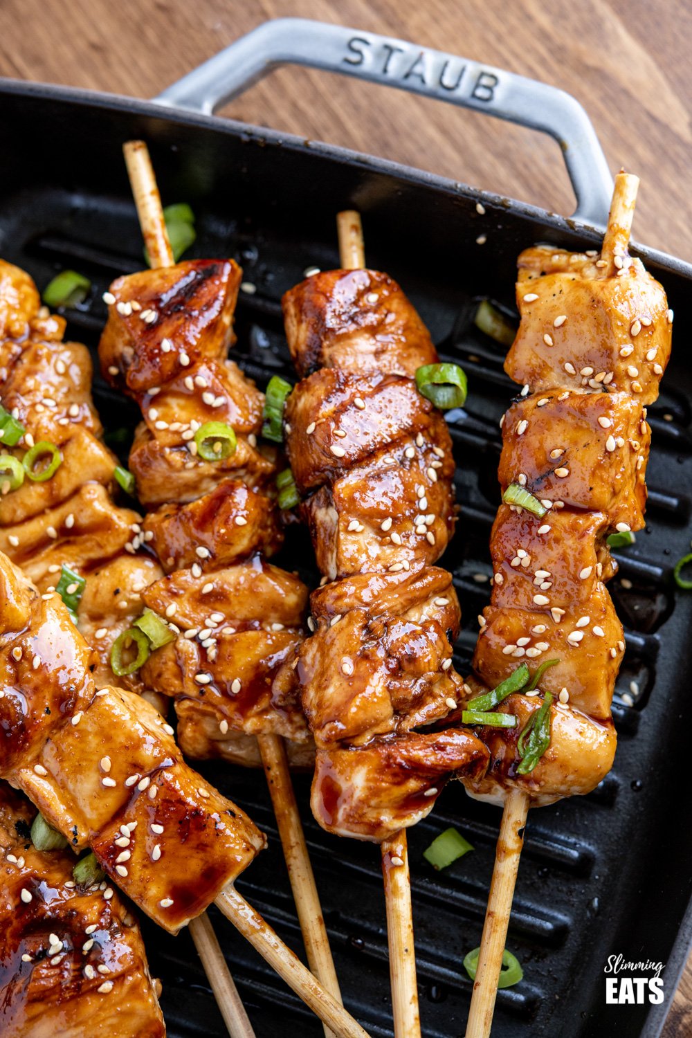 close up of Yakitori Chicken Skewers on grey staub grill pan