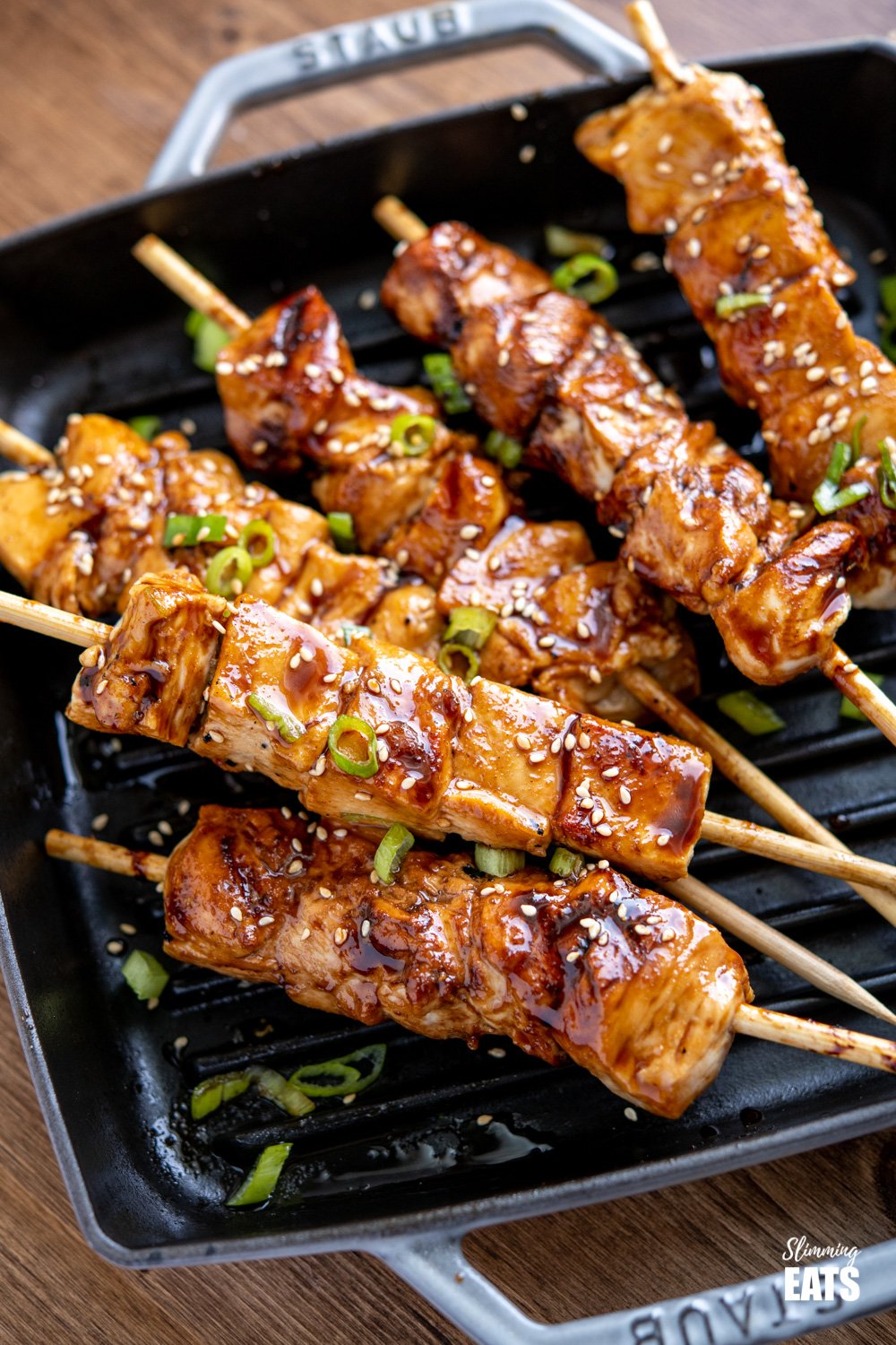 Yakitori Chicken Skewers on grey staub grill pan