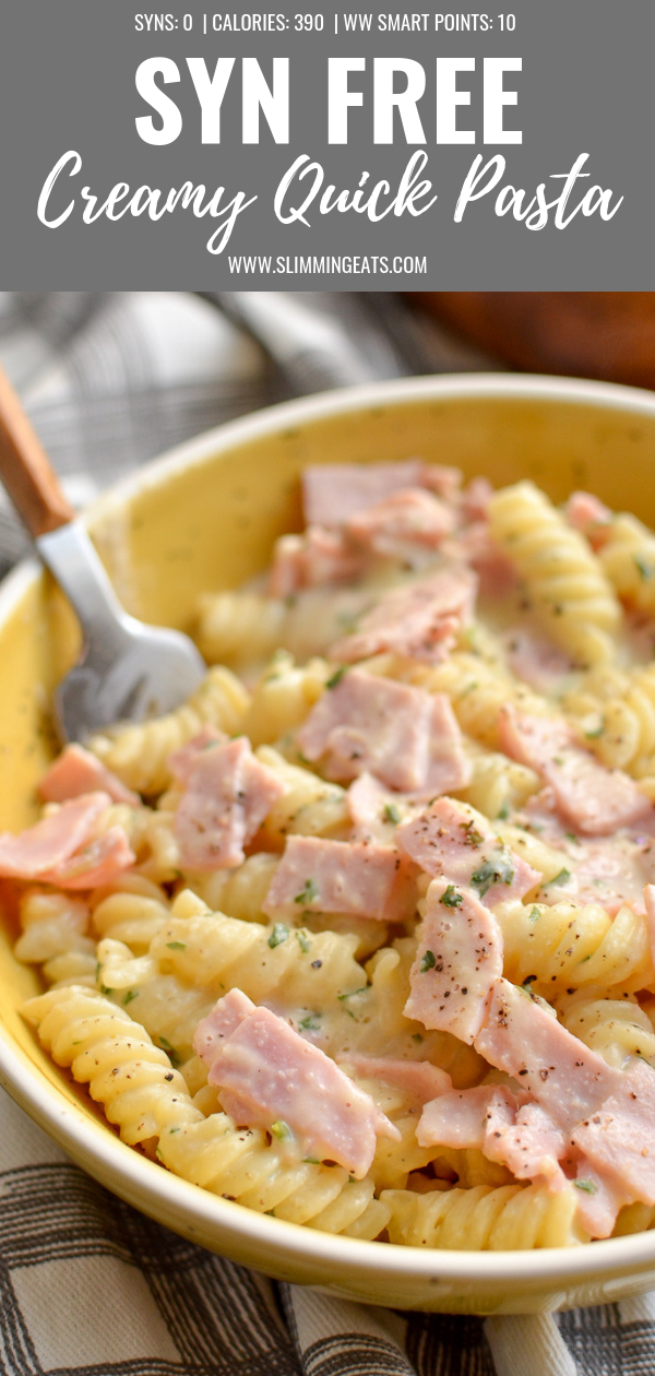 quick creamy pasta in yellow bowl pin