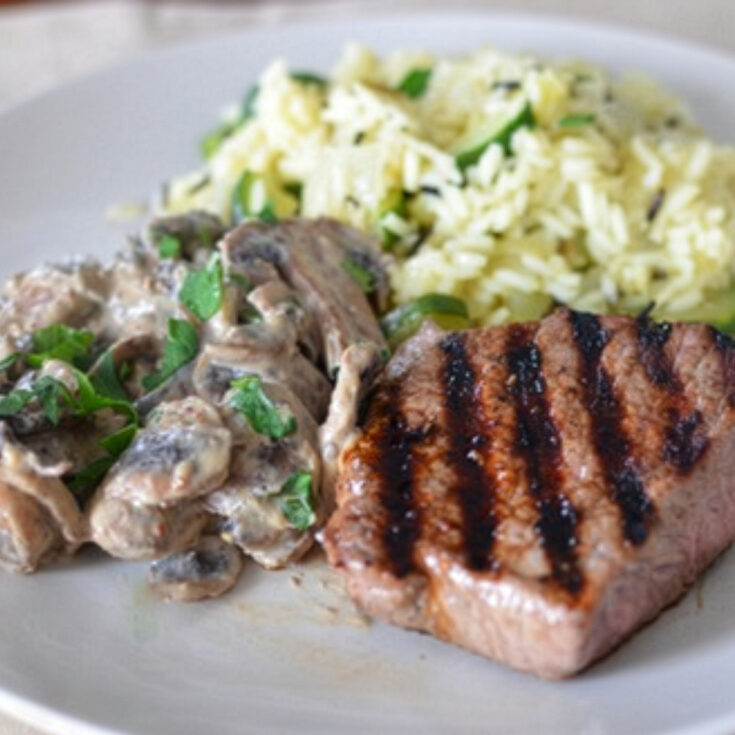Fillet Steak with Creamy Garlic Mushrooms and Courgette Wild Rice Pilaf