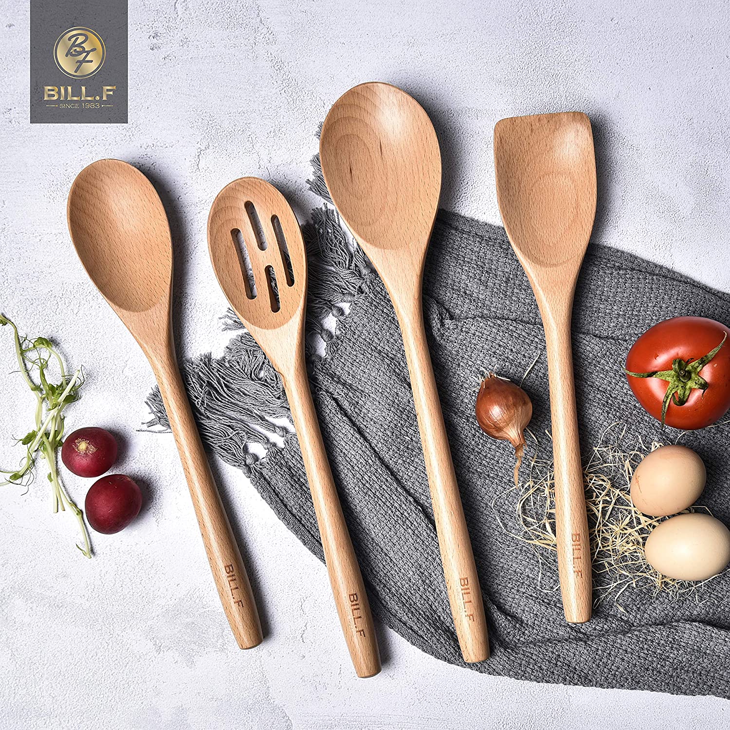 Beech Wooden Cooking Utensil Set, Kitchen Cooking Tools Kitchen Gadgets 4 Pieces Spoon & Spatula Mix Perfect for Nonstick Pots and Pans Cookware Turner