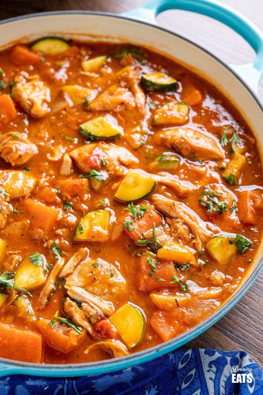 close up of smoked paprika chicken casserole in cast iron casserole dish