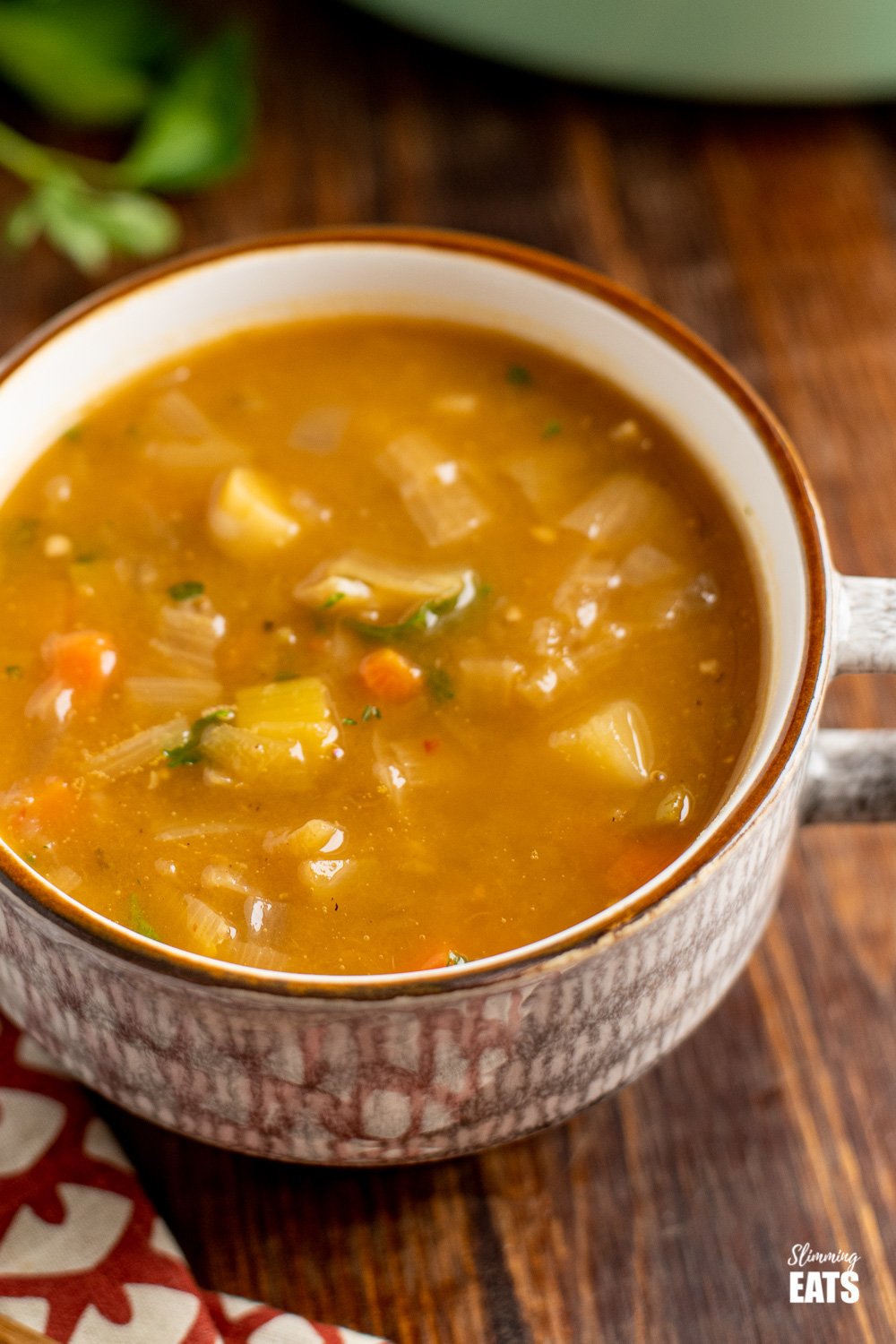 close up of hearty vegetable soup in soup cup