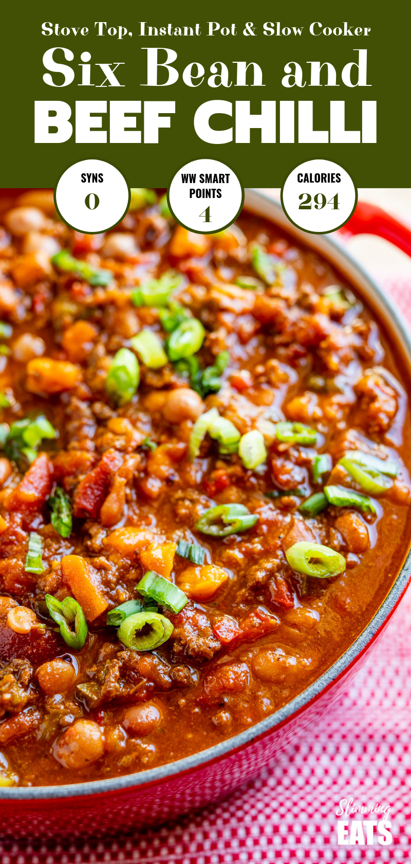 beef and six bean chilli red dutch oven pin image