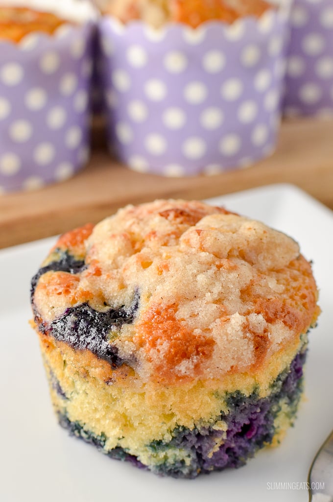 There is nothing better than a low fat cake to enjoy with a cuppa, and these moist delicious Blueberry Muffins are the perfect treat.  | vegetarian, Slimming Eats and Weight Watchers friendly