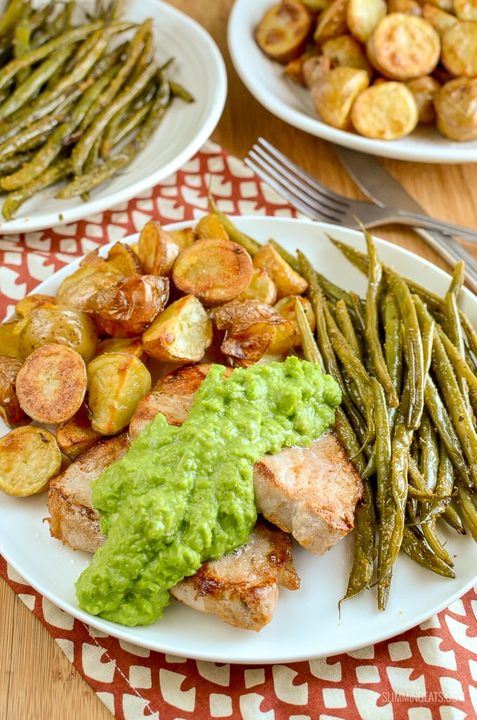 Tender Pork Chops with Creamy Mashed English Peas perfect served alongside some roasted baby potatoes and garlic green beans. | gluten free, Slimming Eats and Weight Watchers friendly