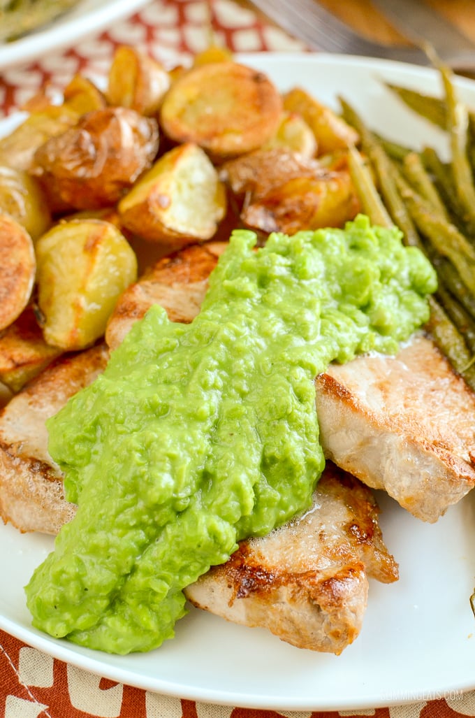 Tender Pork Chops with Creamy Mashed English Peas perfect served alongside some roasted baby potatoes and garlic green beans. | gluten free, Slimming World and Weight Watchers friendly