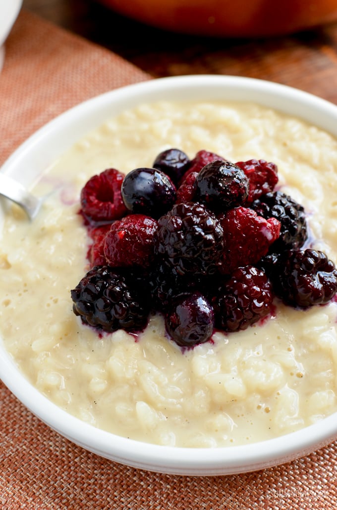 Enjoy a comforting bowl of this Creamy Vanilla Rice Pudding with Mixed Berries which can be cooked stove top or in a pressure cooker | gluten free, vegetarian, Slimming Eats and Weight Watchers friendly
