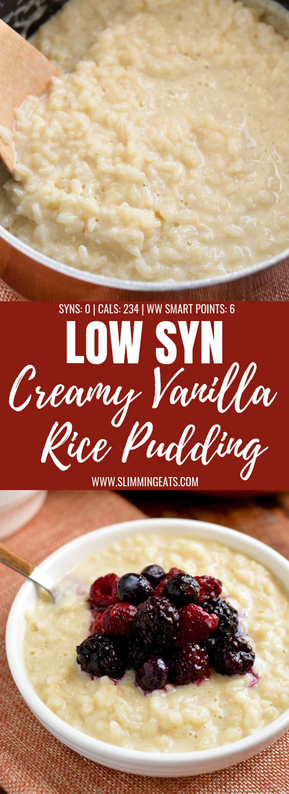 Enjoy a comforting bowl of this low syn Creamy Vanilla Rice Pudding with Mixed Berries which can be cooked stove top or in a pressure cooker | gluten free, vegetarian, Slimming World and Weight Watchers friendly