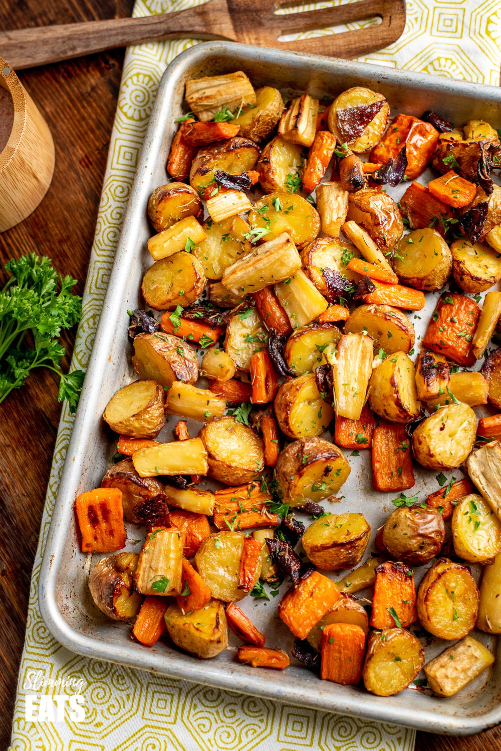  Rosemary Roasted Potatoes, Parsnips, Carrots and Onion on a baking tray 