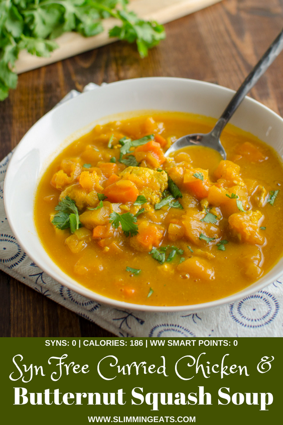 Have you tried this delicious Curried Chicken and Butternut Squash Soup No! - then what are you waiting for? A great soup for freezing. Gluten Free, Dairy Free, Paleo, Whole30, Slimming World and Weight Watchers friendly | www.slimmingeats.com #slimmingworld #weightwatchers #glutenfree #dairyfree #soup
