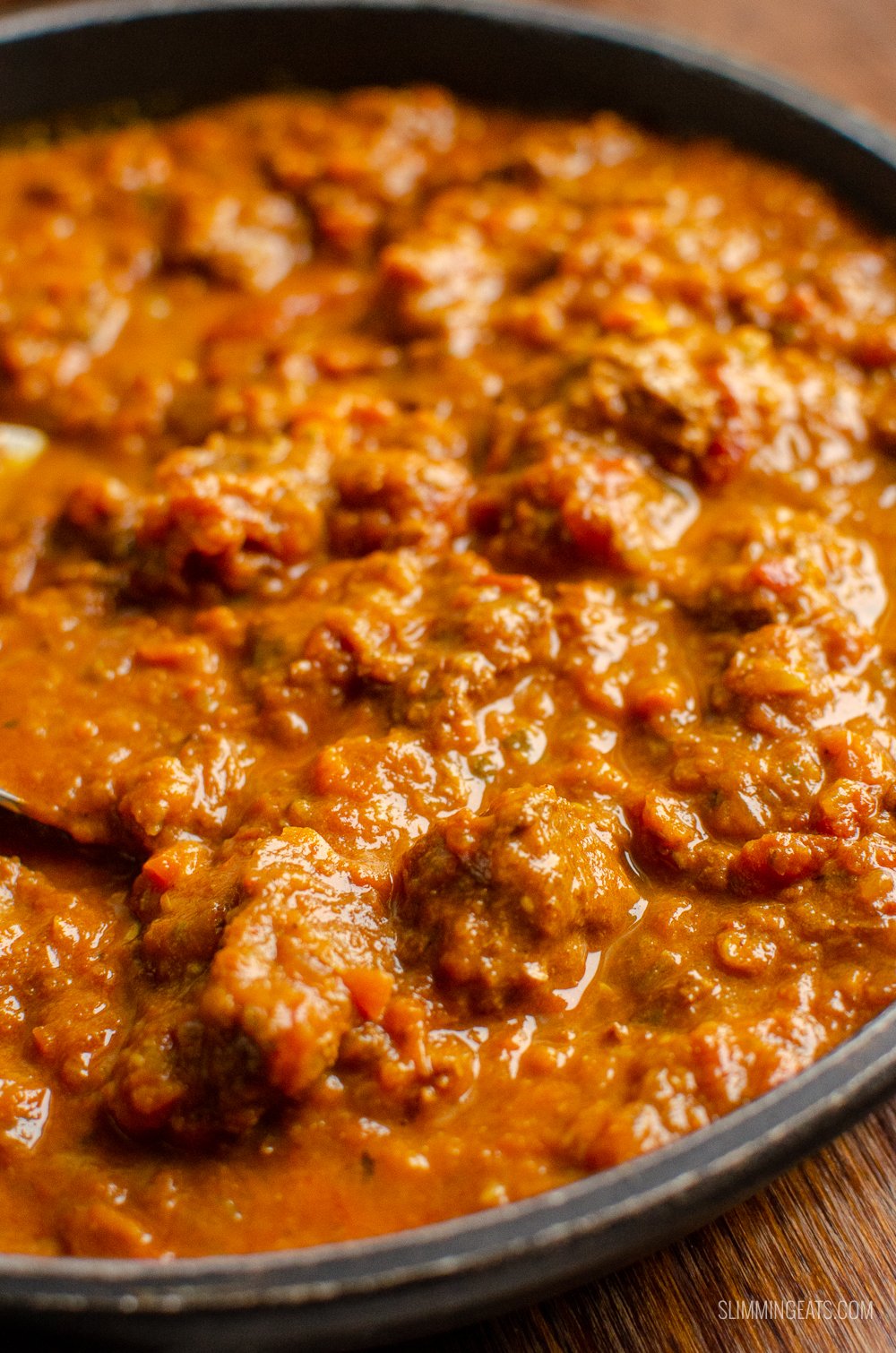 close up of Bombay beef curry in pan