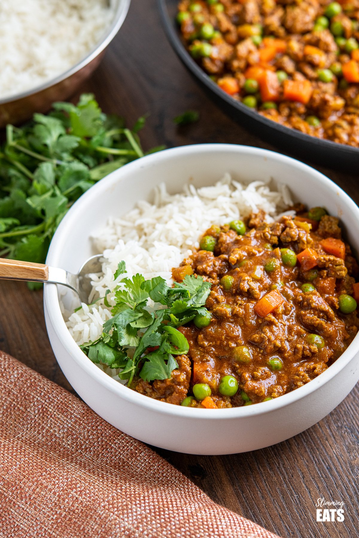 Easy Keema Curry in white bowl with rice and coriander