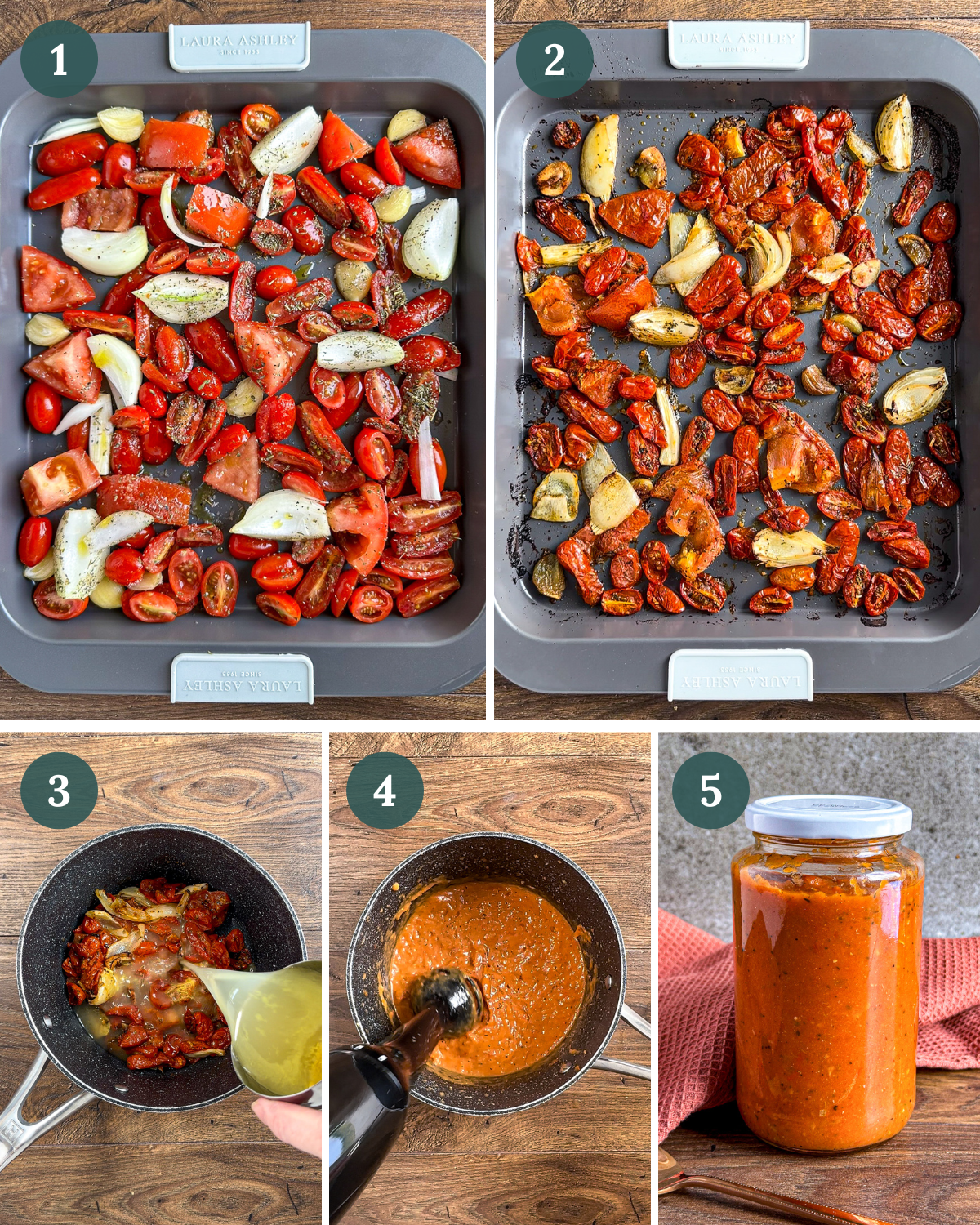 step by step process shots for how to make Roasted Tomato and Garlic Pasta Sauce