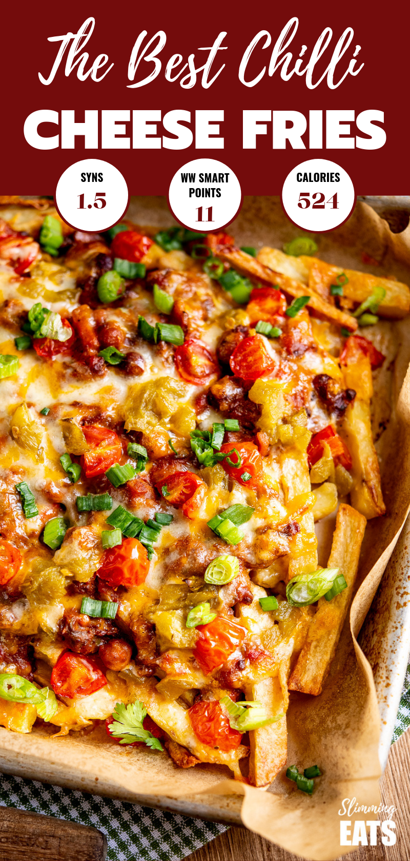 close up of Layered Chilli Cheese Fries on baking tray pin