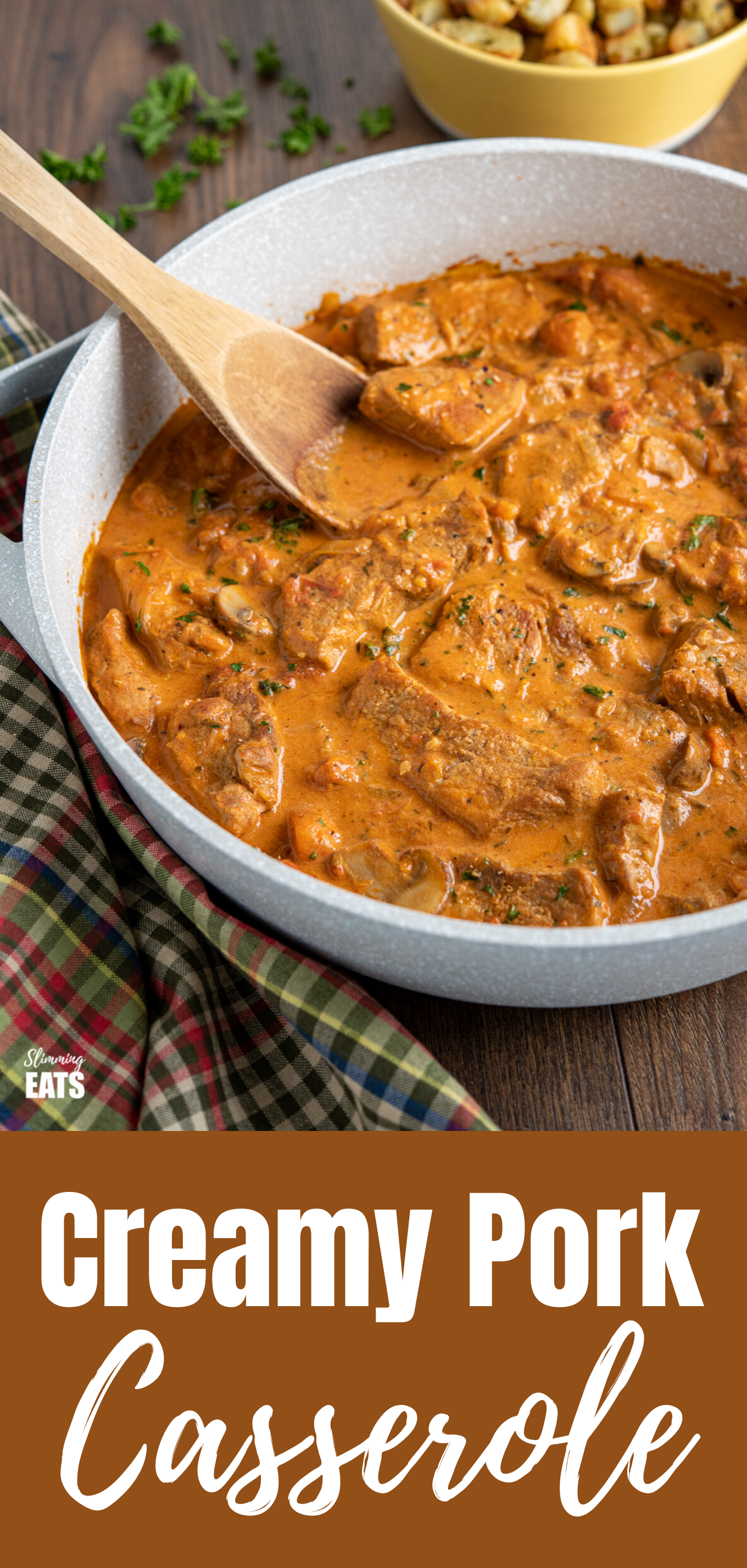 Creamy Pork Casserole (from www.slimmingeats.com) - tender pieces of pork loin in a rich creamy tomato sauce with mushrooms and butternut squash. #pork #creamy #casserole #glutenfree #slimmingworld #weightwatchers #butternut #mushrooms creamy pork casserole feature pin image