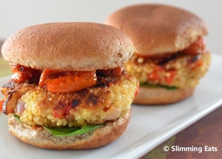 Slimming Eats Roasted Red Pepper and Feta Quinoa Burgers - gluten free, vegetarian, Slimming Eats and Weight Watchers friendly