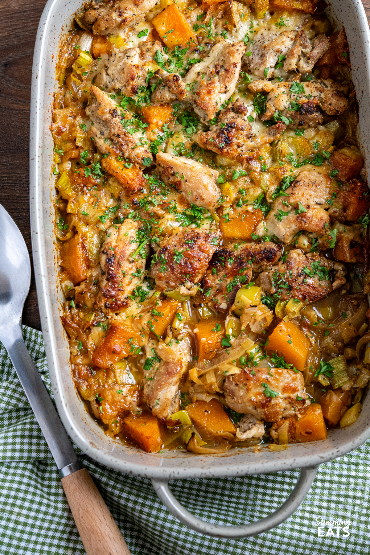 Chicken, Leek and Butternut Squash Bake double handled grey oven proof dish 