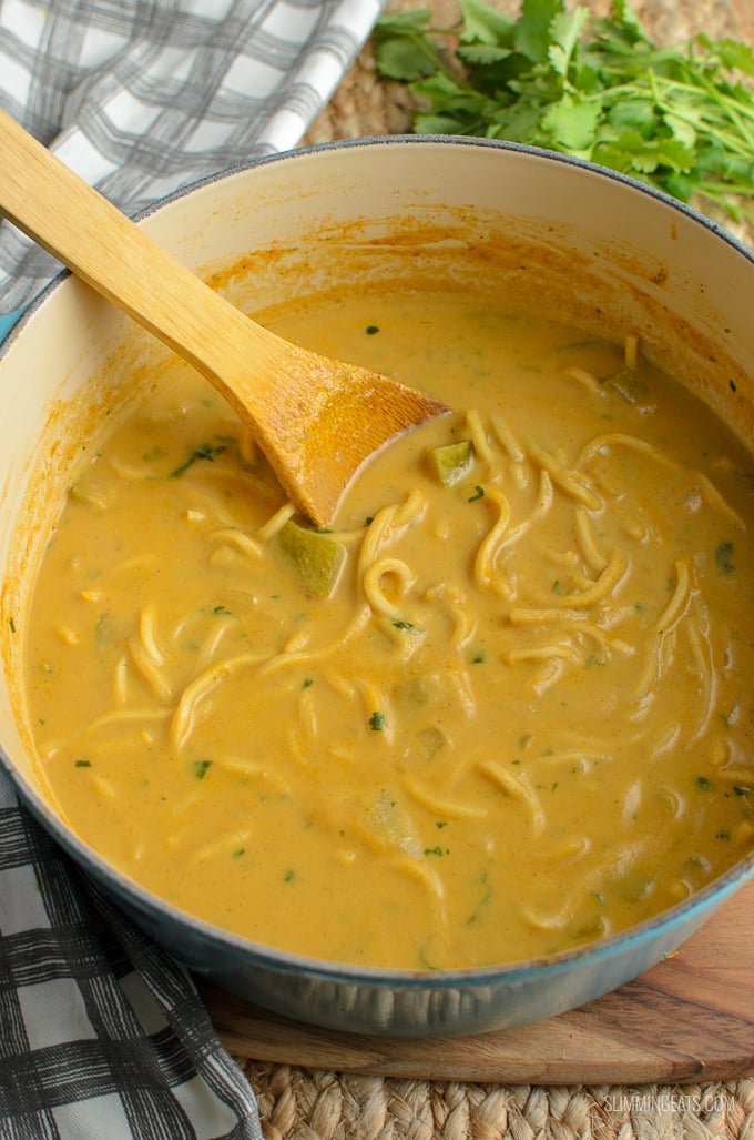 Delicious Spicy Opo Squash Soup with Noodles - perfectly creamy with the delicate flavours of coconut milk. Dairy Free, Vegan, Slimming Eats and Weight Watchers friendly | www.slimmingeats.com