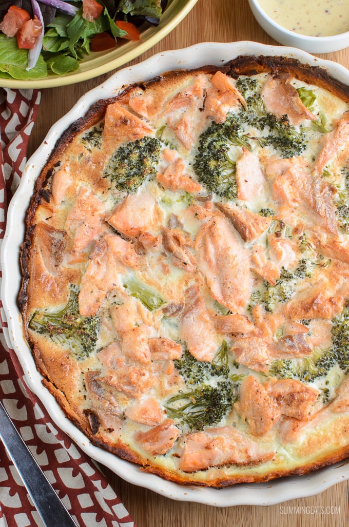 Slimming Eats Salmon and Broccoli Quiche with Sweet Potato Crust - Slimming and Weight Watchers friendly