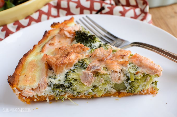 Slimming Eats Salmon and Broccoli Quiche with Sweet Potato Crust - Slimming and Weight Watchers friendly