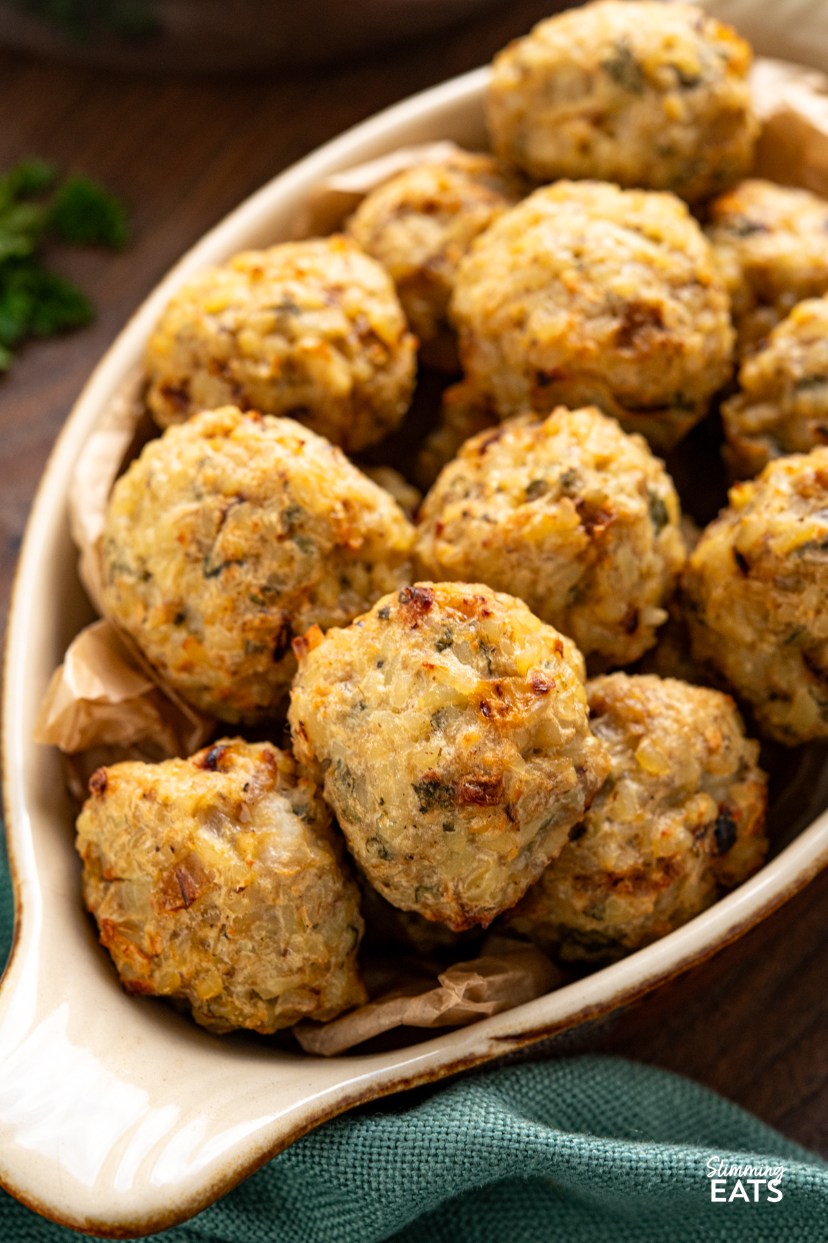 close up of Bulgur Wheat Sage and Onion Stuffing in a dish