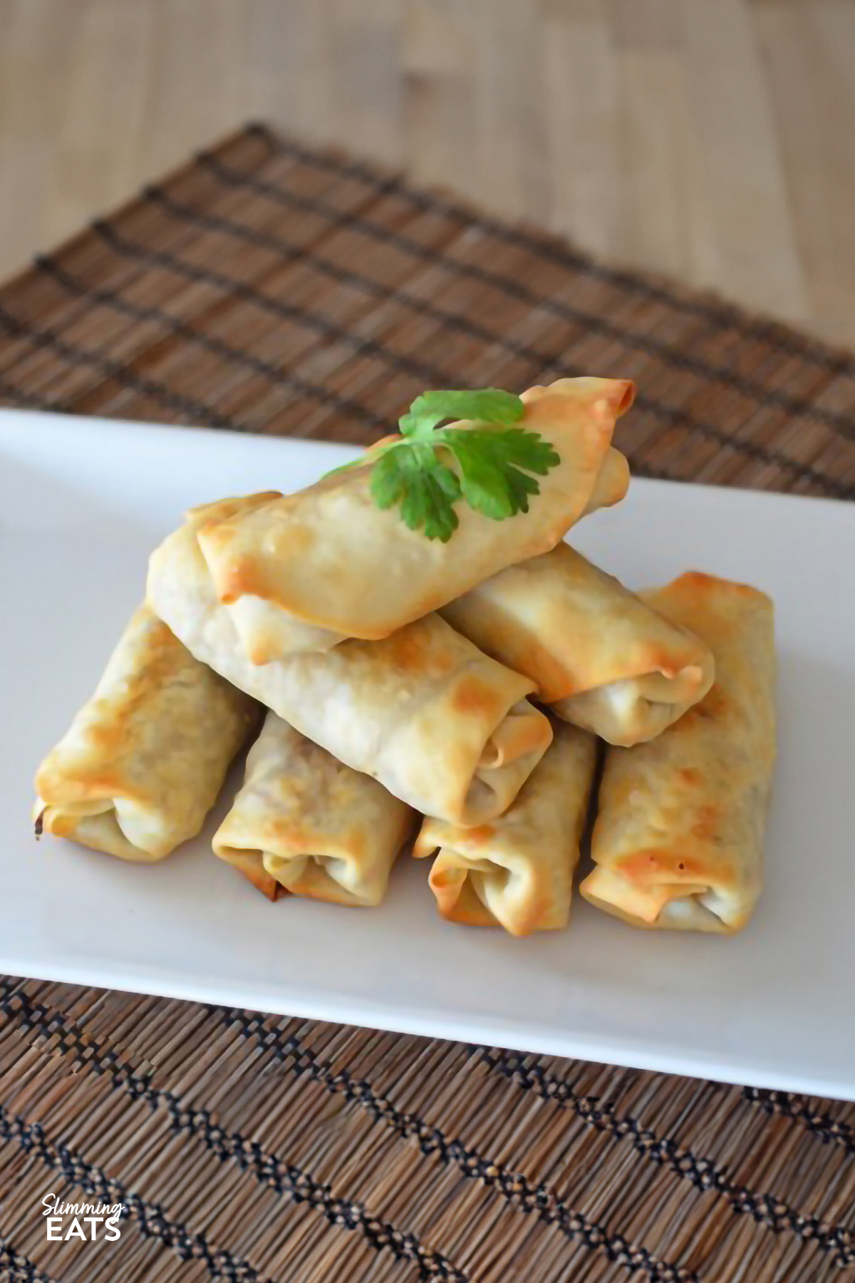 close up of stacked baked chicken and vegetable spring rolls on a white plate, garnished with a fresh coriander leaf