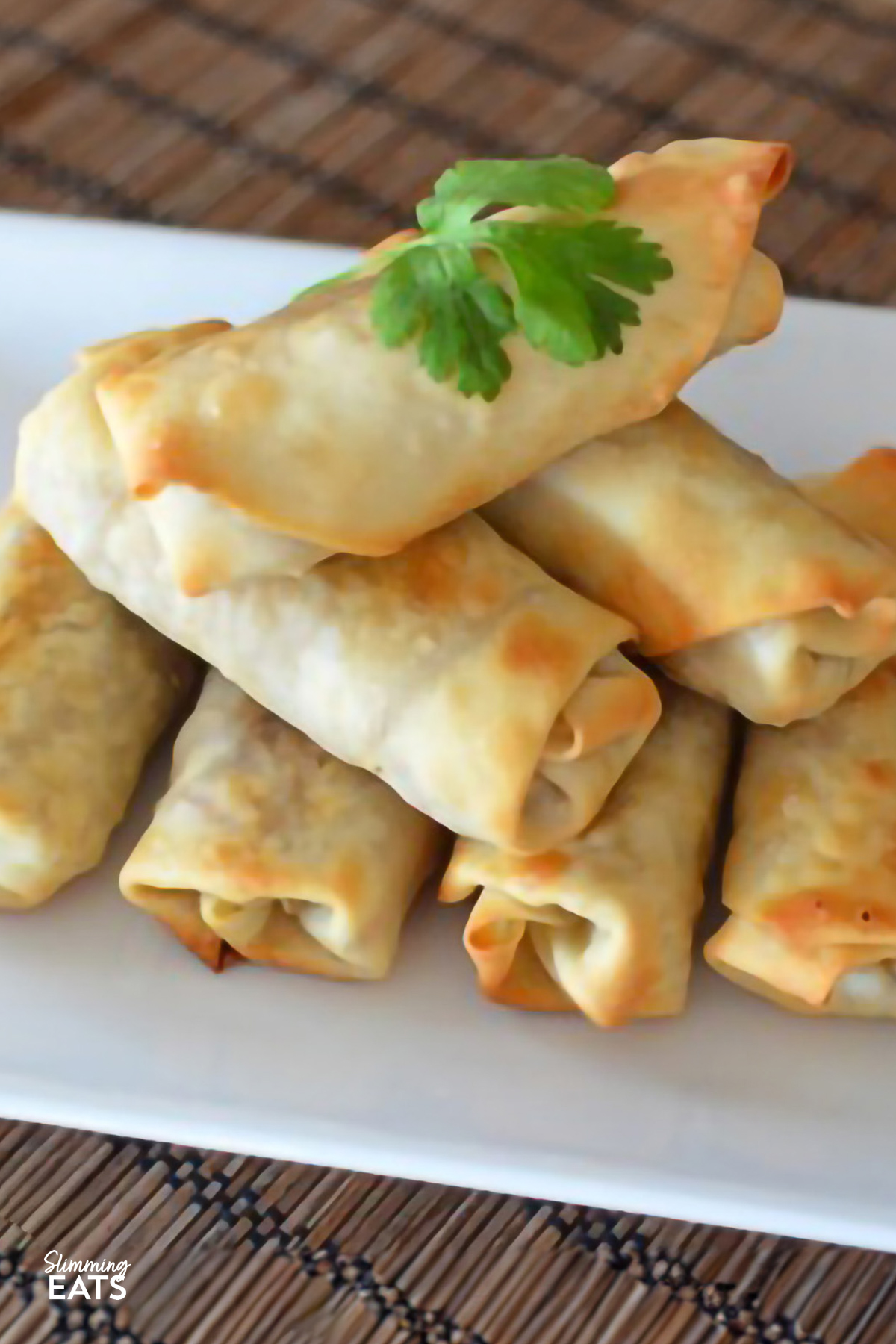 close up of stacked baked chicken and vegetable spring rolls on a white plate, garnished with a fresh coriander leaf