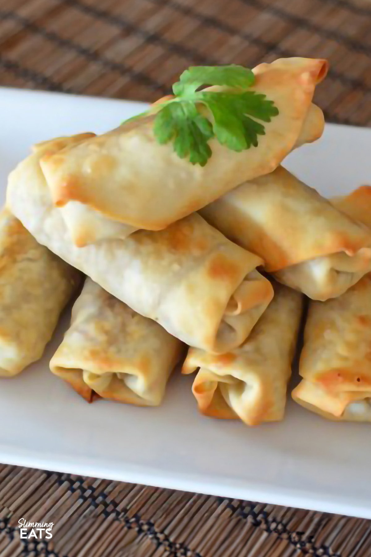 These Chicken and Vegetable Spring Rolls are golden and crispy, filled with seasoned chicken and vegetables, and baked in the oven to make them lighter on the calories. Whether you serve them as an appetizer or a side for your at-home fakeaway, the entire family will love them. close up of stacked baked chicken and vegetable spring rolls on a white plate, garnished with a fresh coriander leaf