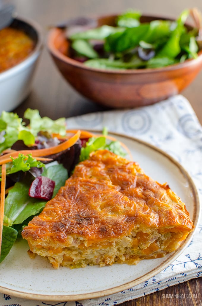 Grab a slice of this delicious bacon leek and sweet potato quiche with your favourite salad sides, for an easy simple lunch. Gluten Free, Slimming Eats and Weight Watchers friendly