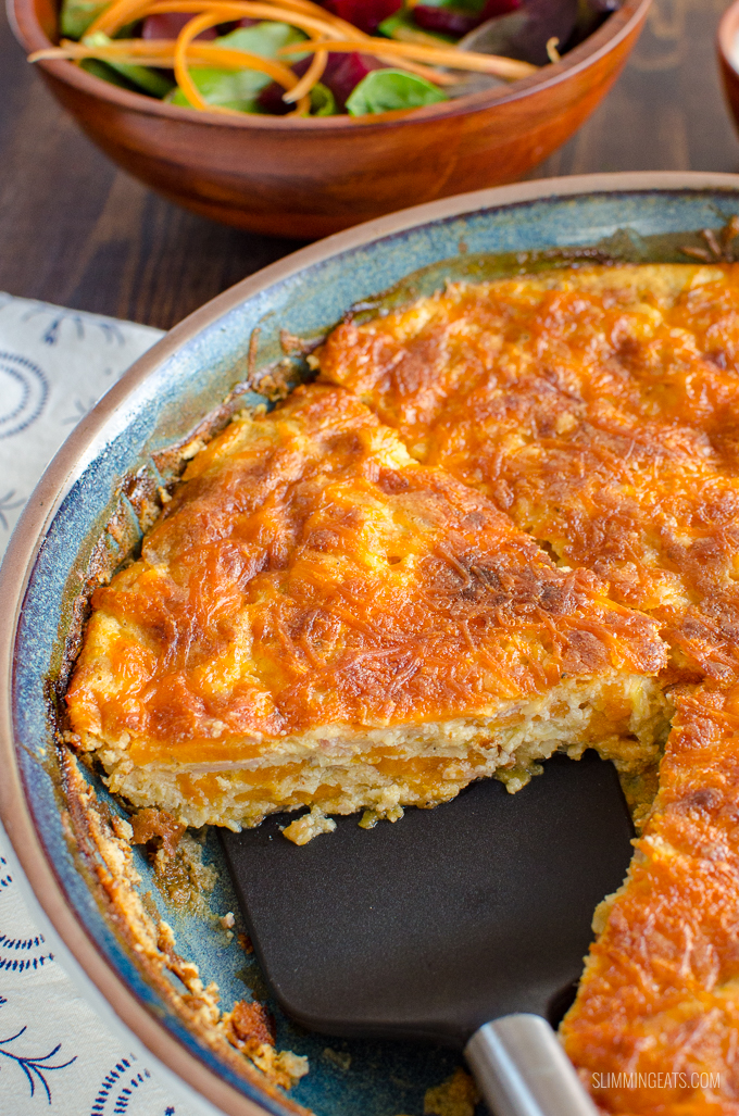 Grab a slice of this delicious bacon leek and sweet potato quiche with your favourite salad sides, for an easy simple lunch. Gluten Free, Slimming Eats and Weight Watchers friendly